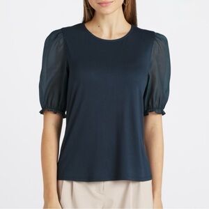 LES SEREIN Wendy Puff Sleeve Knit Top, Size Large, Sheer Puff Sleeve, Navy Blue